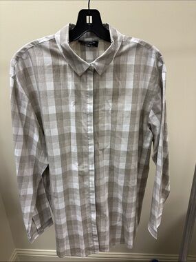 Lafayette 148 New York Taupe and White Checked Button-Down Shirt